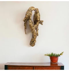 13" Antiqued Gold Parrots Sculpture