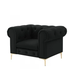 34" Black And Gold Faux leather Tufted Chesterfield Chair
