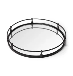 metal mirrored glass bottom round tray with metal rim and circular design