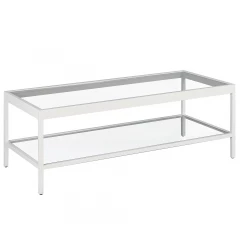 45" Clear Glass And White Steel Coffee Table With Shelf