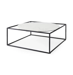 36" White And Black Genuine Marble And Metal Square Coffee Table