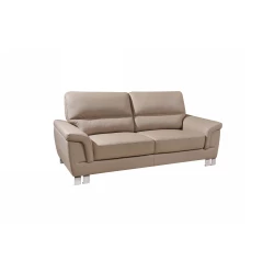 82" Beige And Silver Faux Leather Sofa