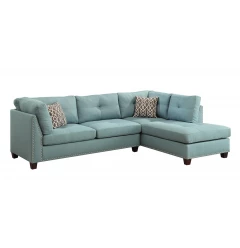 Teal Blue Linen L Shaped Three Piece Sofa and Chaise Sectional And Toss Pillows