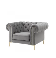 39" Gray And Gold Velvet Tufted Chesterfield Chair
