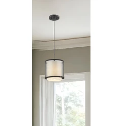 Antique Bronze Hanging Light with Fabric Shade