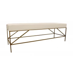 58" Ivory and Gold Upholstered Linen Bench
