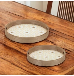 round solid wood serving tray with handles for food and spices