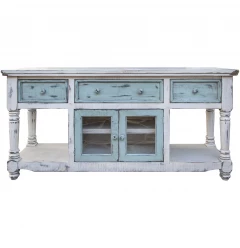 70" Blue and White Solid Wood Open shelving Distressed TV Stand