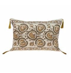 Gold bronze embroidered decorative lumbar pillow with beige throw pillow design