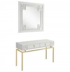 Set of Two 47" White and Gold Solid Wood Mirrored Console Table And Drawers