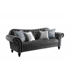 96" Gray And Black Velvet Sofa And Toss Pillows