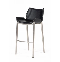 Set of Two 30" Black And Silver Faux Leather And Steel Low Back Bar Height Bar Chairs