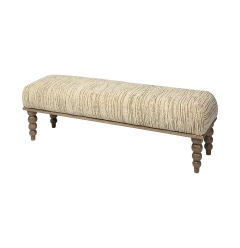 55" Cream and Wood Brown Upholstered Polyester Blend Bench