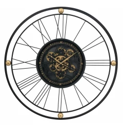 32" Circle Black and Gold Metal and Glass Analog Exposed Gear Wall Clock