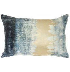 Teal lumbar pillow with metallic gold accents and aqua azure patterned textile