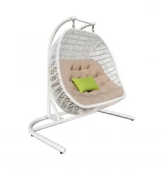 69" Beige And White Metal Swing Chair With Beige Cushion