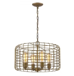 Lynden 4-Light Raw Brass Drum Pendant With Wire Cage Shade