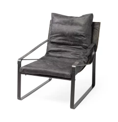 Leather body accent chair with metal frame and wooden armrests for comfortable indoor or outdoor seating