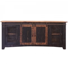 70" Black Solid Wood Cabinet Enclosed Storage Distressed TV Stand