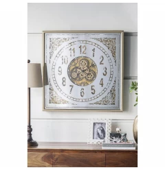 mirror analog exposed gear wall clock with wood pattern and ornamental design