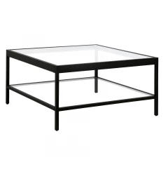 32" Clear And Black Glass And Steel Square Coffee Table With Shelf