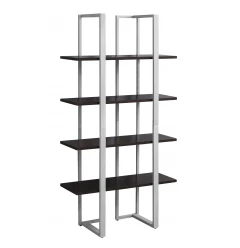 espresso metal four tier bookcase with shelving and art
