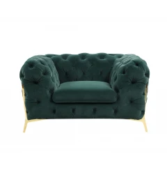 Tufted velvet gold lounge chair with comfortable rectangular seat and electric blue accents