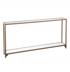 56" Clear and Gold Glass Mirrored Frame Console Table With Shelves