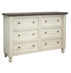 62" Gray and Ivory Solid Wood Six Drawer Double Dresser