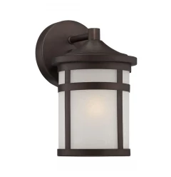 bronze hanging lantern shape wall light for outdoor use with metal and wood accents