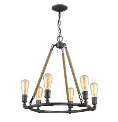 Grayson 6-Light Antique Gray Chandelier With Jute Wrapped Uprights