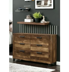 57" Dark Brown Solid and Manufactured Wood Six Drawer Double Dresser