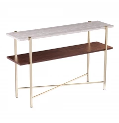 47" Beige and Gold Faux Marble Frame Console Table With Shelves