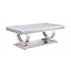 51" White And Silver Faux Marble Mirrored Coffee Table