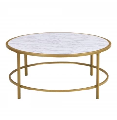 36" White And Gold Faux Marble And Metal Round Coffee Table