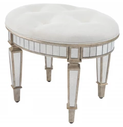 24" Cream Linen And Silver Metallic Round Ottoman