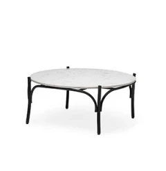 36" Round White Marble Top Black And Metal Base Coffee Table