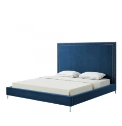 Navy Blue Solid Wood King Upholstered Velvet Bed with Nailhead Trim