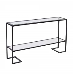 52" Clear and Black Glass Mirrored Sled Console Table With Shelves