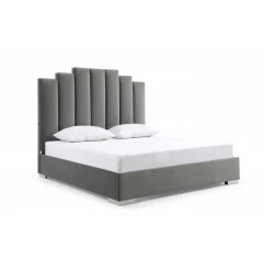 Queen Grey Upholstered Vertical Channel Velvet Bed with USB