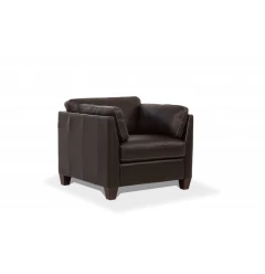 Chocolate genuine leather black arm chair with wood accents in a comfortable studio couch style