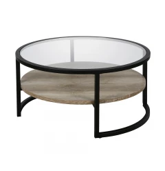 34" Black Glass And Steel Round Coffee Table With Shelf