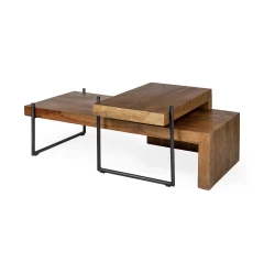 Set of Two 34" Brown And Black Solid Wood And Metal Nested Coffee Tables