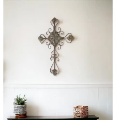 29" Gray Metal Scroll Design Gray Hanging Cross Wall Decor
