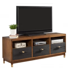 61" Brown and Black Solid Wood Open Shelving TV Stand
