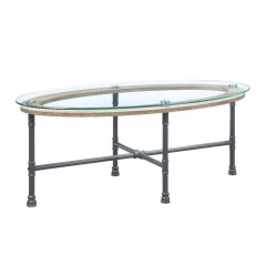 47" Sandy Gray And Clear Glass And Metal Oval Coffee Table