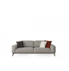 Linen sleeper sofa with toss pillows and wooden frame in a comfortable living room setting