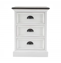 Distressed White and Deep Brown Three Drawer Nightstand