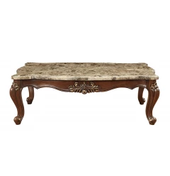 34" Brown And Dark Brown Genuine Marble And Solid Wood Free Form Coffee Table