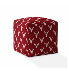 17" Red and White Cotton Stag Pouf Ottoman